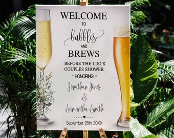 Welcome sign Bubbles and Brews before they say I do couples shower Eucalyptus Greenery watercolor 16x20 you edit with Corjl SGW-14-110