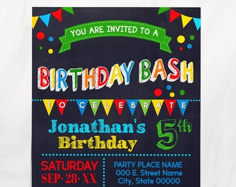 Birthday bash invitation children chalkboard primary colors birthday party invite self editable with Corjl P129-210