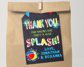 Favor tag Pool Waterslide summer bash birthday thank you tag combined siblings party primary colors chalkboard you edit with Corjl TGP10-210