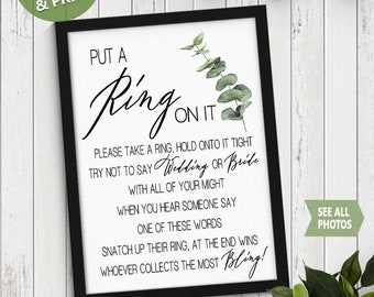 Put a ring on it bridal shower game, don't say bride or wedding game, eucalyptus greenery wedding shower Ready to Print No Editable 28-GW113