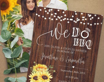 Sunflowers We do BBQ couples shower invitation country western chic rustic sunflower wedding shower invite self editable with Corjl W23-104