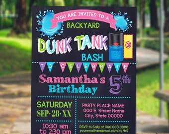 Dunk Tank summer water birthday bash invitation Summer water party pink teal green chalkboard girl invite self editable with Corjl P141-211