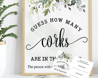 Guess how many corks game bridal shower editable game couples shower greenery eucalyptus wedding shower you edit with Corjl 31-GW110
