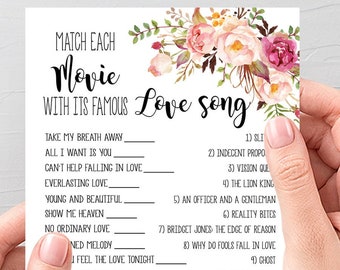 Match the love song game, bridal shower activity game, pink flowers boho chic wedding shower games Ready to Print No Editable 12-GW103