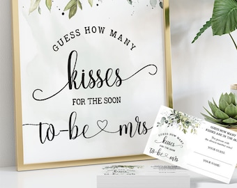 How many kisses for the soon to be Mrs, bridal shower game, guess how many kisses, greenery eucalyptus Ready to Print No Editable 27-GW110
