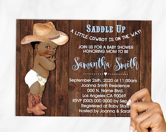 Little Cowboy is on the way baby shower African American vintage baby country rustic western chic invite self editable with Corjl B56-0561