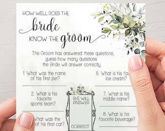 How well does the bride know the groom bridal shower game greenery eucalyptus wedding shower game Ready to Print No Editable 11-GW110