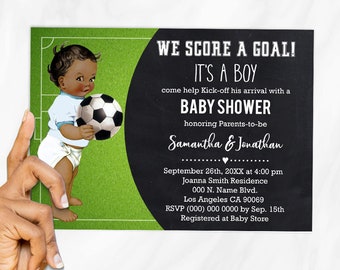 Soccer baby shower football Kick Off its a boy Team Score Goal vintage african american baby boy invite You edit with Corjl B77161