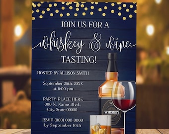 Whiskey & Wine Tasting Party invitation Gold Glitter Blue Wood Background Drinks Night Out Party You edit invite with Corjl P184-678
