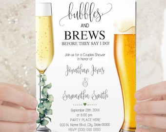 Eucalyptus Greenery watercolor Bubbles and Brews before they say I do couples shower invitation self editable invite with Corjl W14-113