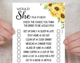 Would She Rather game bridal shower activity game sunflowers boho chic wedding shower games Ready to Print No Editable template 13-GW104