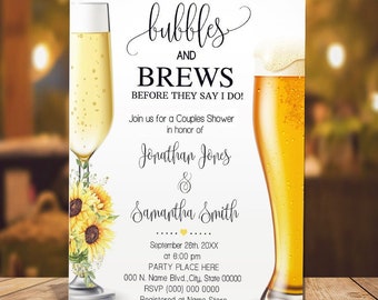 Bubbles and Brews before they say I do couples shower invitation sunflowers watercolor boho chic invite self editable with Corjl W-104