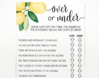 Over or under game bridal shower activity lemon citrus lemons theme wedding shower game Ready to Print No Editable template 24-GW114