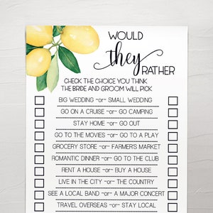 Lemon Bridal Shower Game: Would They Rather Activity (Edit with Corjl, Digital Download)  20-GW114