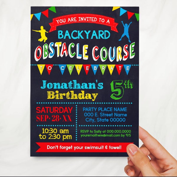 Obstacle Course backyard bash invitation summer birthday bash outdoor yard chalkboard primary colors invite You edit with Corjl P047-210