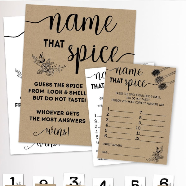 Guess the spice game bridal shower activity Name That Spice Game white & kraft background Ready to Print No Editable Game 30-GW102