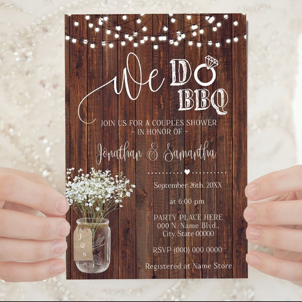 We do BBQ couples shower invitation country western chic rustic wedding shower invite self editable with Corjl W23-101