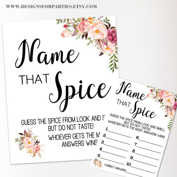 Guess the spice game bridal shower activity name the spice pink flowers boho chic wedding shower Ready to Print No Editable 30-GW103