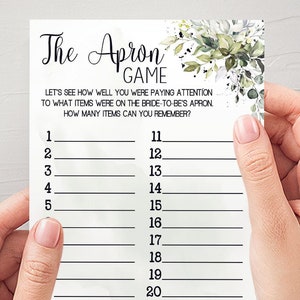 Le tablier jeu de douche nuptiale jeu de mémoire jeu de douche de mariage aquarelle verdure eucalyptus jeu de douche de mariage prêt à imprimer non modifiable 39-GW110