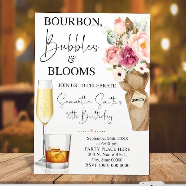 Bourbon Bubbles and Blooms Birthday Party invitation pink floral boho chic Bourbon Bubbly & Flowers invite You edit with Corjl P189-103