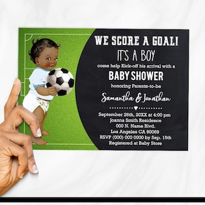 Soccer baby shower football Kick Off its a boy Team Score Goal vintage african american baby boy invite You edit with Corjl B77161