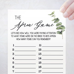 The Apron game bridal shower memory guessing game eucalyptus greenery wedding shower game Ready to Print No Editable template 39-GW113