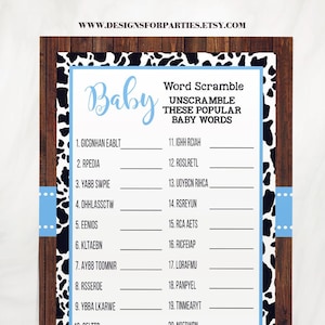 Blauwe westerncowboy babyshower woord scramble (klaar om af te drukken) 05-GB154B