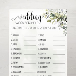 Wedding word scramble game bridal shower activity game greenery eucalyptus wedding shower games Ready to Print No Editable 14-GW110