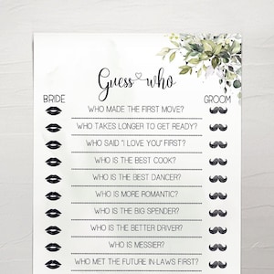Guess who game bridal shower activity game greenery eucalyptus wedding shower couples shower games Ready to Print No Editable 06-GW110