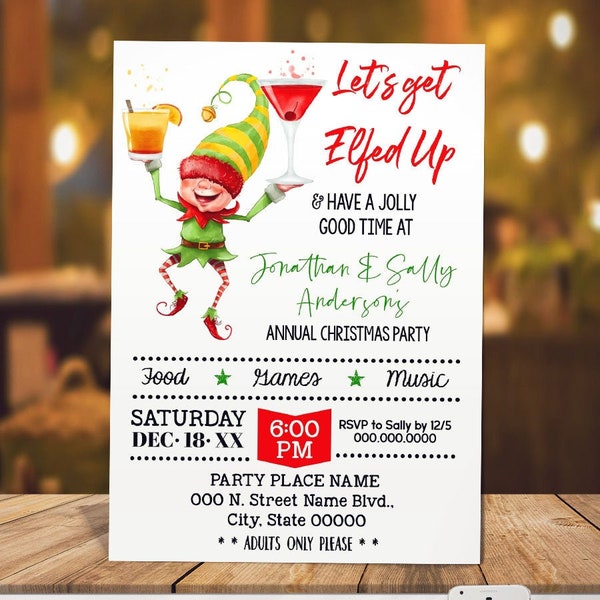 Let's get Elfed Up holiday party bash drinks adults party annual Christmas bash elf Xmas office party invite You edit with Corjl P080-102