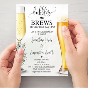 Eucalyptus Greenery Bubbles and Brews Couples Shower Invitation (Edit with Corjl) W14-110