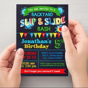 Slip and Slide Birthday Invitation, Backyard Water Bash Primary Colors (Edit with Corjl) P016-210