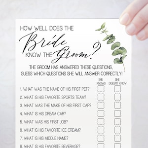 How well does the bride know the groom bridal shower game eucalyptus greenery wedding shower game Ready to Print No Editable 11-GW113