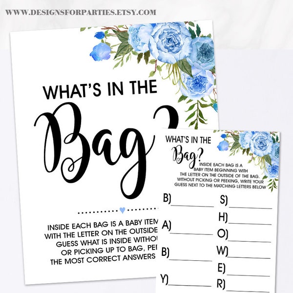 Blue flowers what is in the bag game guess whats in the bag baby shower game floral country boho chic  Ready to Print No Editable 34-GB105