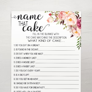 Name that Cake game bridal shower activity game pink flowers boho chic wedding shower game Ready to Print No Editable template 02-GW103