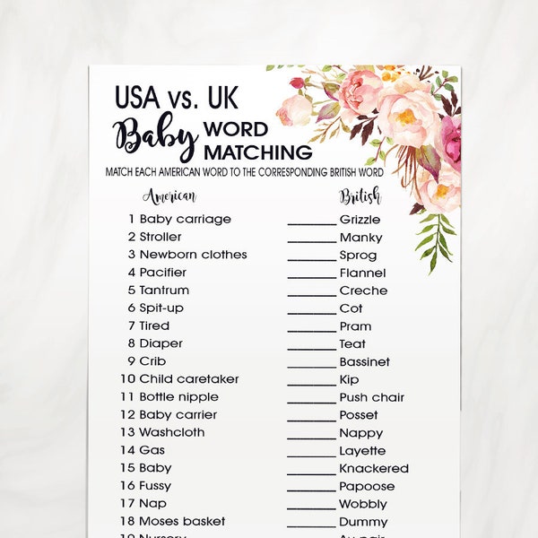 USA Vs UK baby shower, how to say it baby words, baby shower game pink flowers boho country chic Ready to Print No Editable 29-GB103