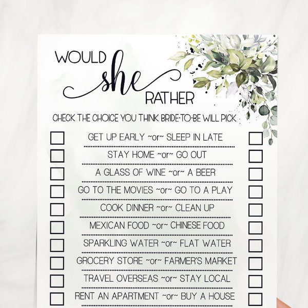 Would She Rather game bridal shower activity game greenery eucalyptus wedding shower games Ready to Print No Editable template 13-GW110