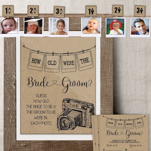 Quanti anni avevano? Gioco "Indovina l'età degli sposi" Gioco "Addio al nubilato" Country Chic Bianco e retro in carta kraft Pronto per la stampa Non modificabile 18-GW102