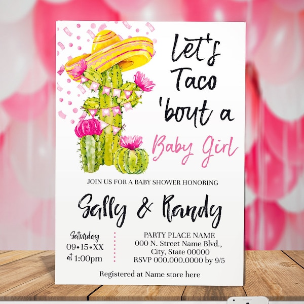 Lässt Taco Kampf ein Baby Mädchen Einladung mexikanische Fiesta Tacos Kaktus Rosa Babyparty einladen selbst bearbeitbar mit Corjl B52158