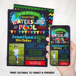 Waterslide Pool Summer backyard Water Bash invitation children chalkboard primary colors photo invite self editable with Corjl P136-210 image 1