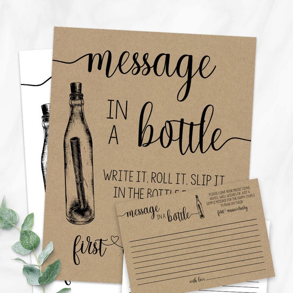 Message in a bottle bridal shower activity editable template white back or change to rustic background and edit yourself with Corjl 52-GW102