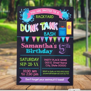 Invitación para fiesta de cumpleaños de verano con tanque Dunk, agua, fiesta de verano, agua, rosa, verde azulado, pizarra, niña, invitación autoeditable con Corjl P141-211
