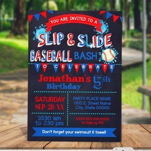 Slip & Slide Baseball Summer Birthday Bash invitation children red white and blue party chalkboard invite You edit with Corjl P158-214