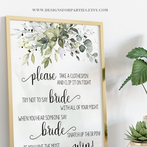 Clothespin game bridal shower don't say bride or wedding greenery eucalyptus wedding shower Ready to Print No Editable template 53-GW110