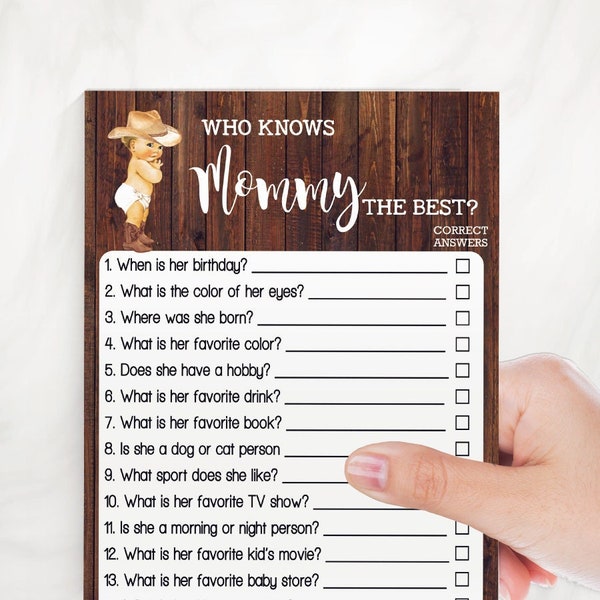 Cowboy Who Knows Mommy Best Baby Shower Game Do You Know Mom to be Country Western Chic Shower Activity Ready to Print No Editable 15-GB056