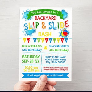 Slip & slide summer backyard bash invitation water bash combined siblings children primary colors invite self editable with Corjl P014-210