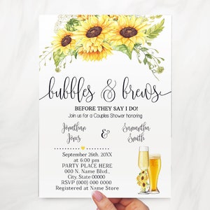Sunflowers Bläst und braut, bevor sie sagen, ich mache Paare Duschen Einladung Sonnenblumen Land chic einladen selbst bearbeitbar mit Corjl W18-104
