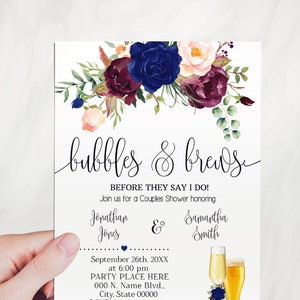 Navy flowers Bubbles and Brews before they say I do couples shower invitation navy burgundy floral invite self editable with Corjl W18-109