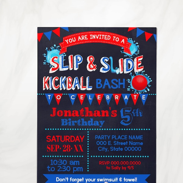 Slip & Slide Kickball Summer Birthday Bash invitation children red white and blue party chalkboard invite You edit with Corjl P146-214