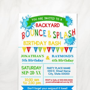 Bounce & Splash summer backyard bash invitation water bash combined siblings primary color birthday invite You edit with Corjl P155-210